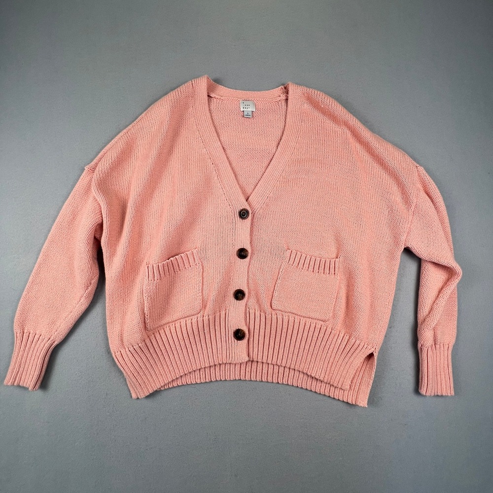 Preppy Cardigan Sweater Womens Large Pink Button Front Knit V-Neck A New Day - Picture 14 of 15